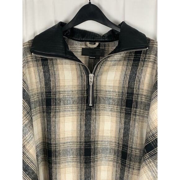 Blank NYC Checked Out Plaid Poncho Cape Jacket Quarter Zip Vegan Leather Collar - Picture 3 of 12